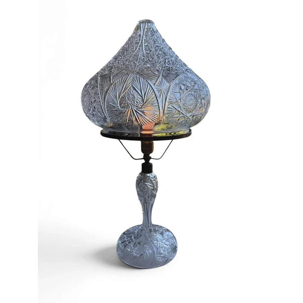 Antique Crystal Glass Base + Shade Table Lamp Brilliant Period